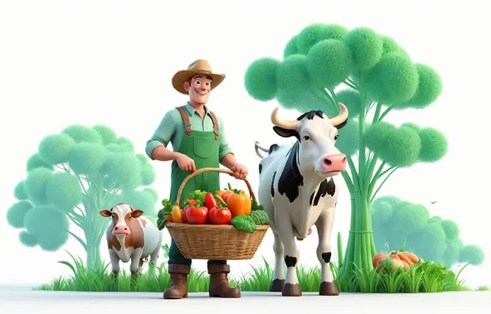 Farmer with Cows and Fresh Vegetables 3D Character Illustration
